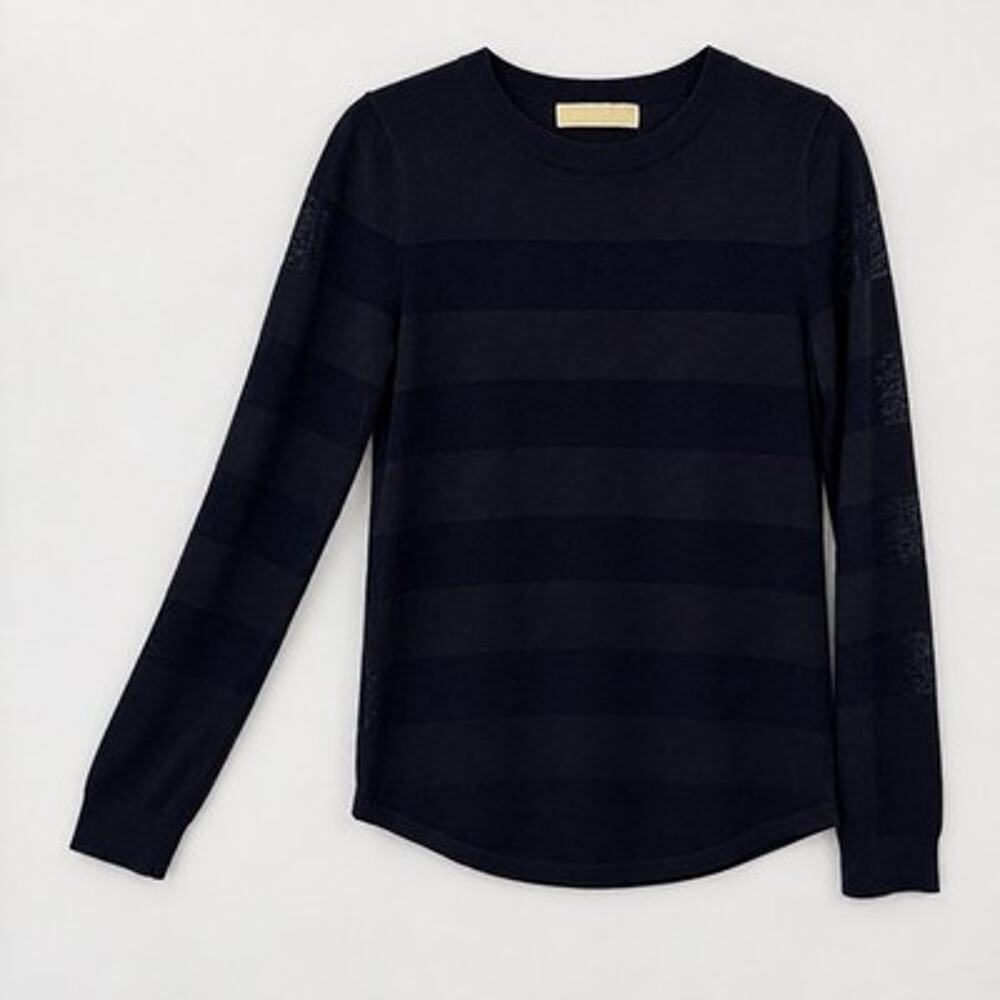 Michael Kors Women Tonal knit Sweater Small Navy Blue Sheer Crew Neck Minimalist